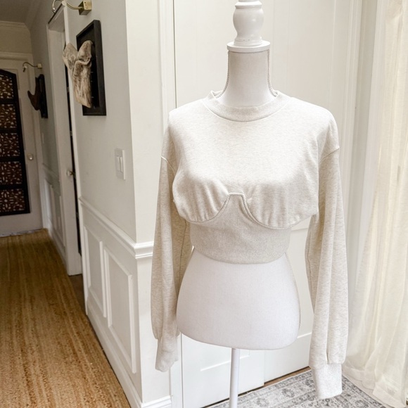 Sabo Womens Cropped Ribbed Crewneck Top Neutral Beige Cotton Blend Moto Style M - Picture 4 of 12